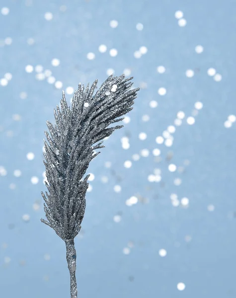 Ramo Árvore Natal Fundo Azul Com Brilhos — Fotografia de Stock