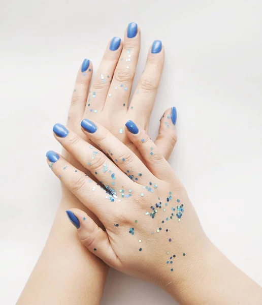 Female Hand Trendy Manicure Blue Color Color Year 2020 — Stock Photo, Image