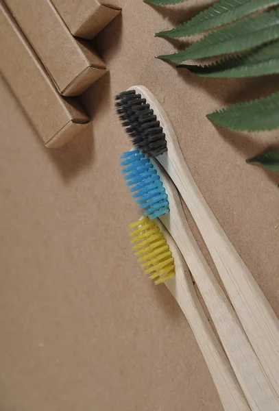 Sikat Gigi Bambu Atas Kertas Kerajinan Konsep Eco Nol Limbah — Stok Foto