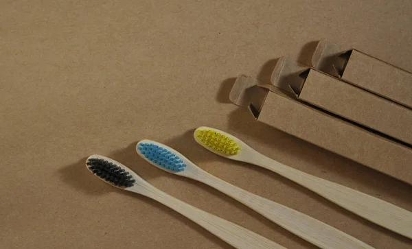 Bamboo Toothbrushes Craft Paper Eco Concept Zero Waste — स्टॉक फ़ोटो, इमेज