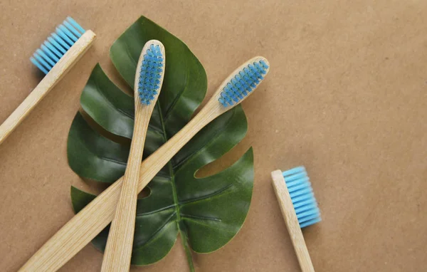 Brosses Dents Bambou Sur Papier Artisanal Concept Écologique Zéro Déchet — Photo