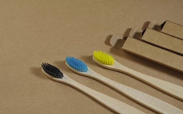 Zero Waste Colorful Bamboo Toothbrushes Craft Paper Background Eco Concept — 스톡 사진