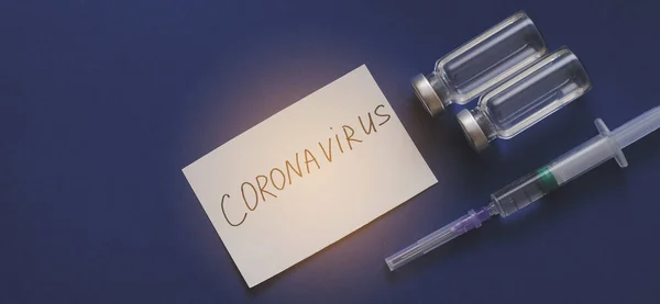 Coronavirus Concept Medicine Concept Syringe Vaccine Pills Paper Inscription — Stock Photo, Image