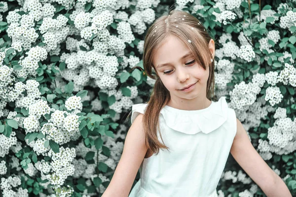 Liten Kaukasisk Flicka Blommande Blomsterträdgård Vårkoncept — Stockfoto