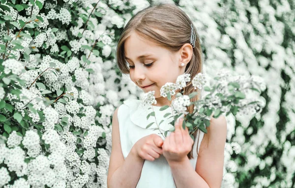 Little Caucasian Girl Blooming Flowers Garden Spring Concept — Stock Photo, Image