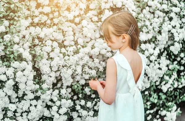 Mała Biała Dziewczyna Kwitnącym Ogrodzie Kwiatów Koncepcja Wiosny — Zdjęcie stockowe