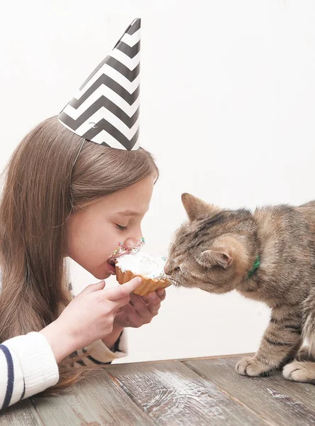 Fille Mignonne Fête Des Vacances Avec Gâteau Chat Meilleur Concept — Photo