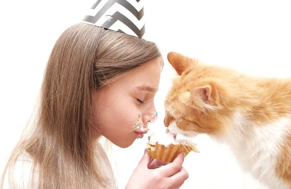 Fille Mignonne Fête Des Vacances Avec Gâteau Chat Meilleur Concept — Photo