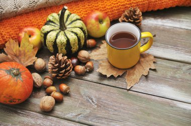 Sonbahar arkaplanı. Kabaklar, elmalar, fındıklar, yapraklar, fincanlar ve kazak ahşap arka planda.