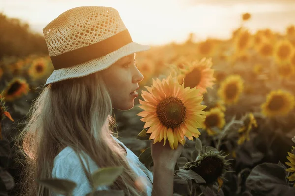 Beautiful Woman Meadow Sunflowers — Stock Photo, Image