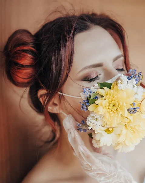 Portrait Beautiful Woman Protective Mask Flowers — Stock Photo, Image