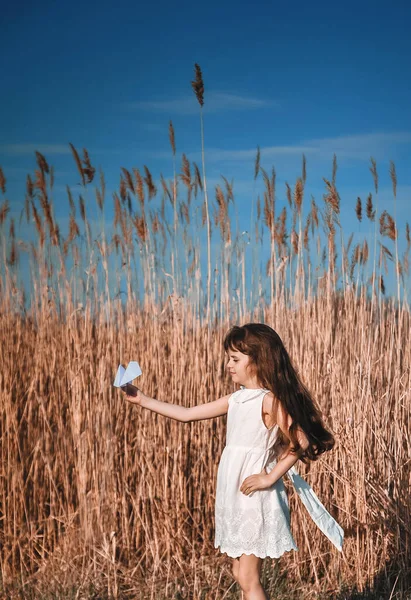 Little Cute Girl Paper Plane Has Fun Outdoors — Stock Photo, Image
