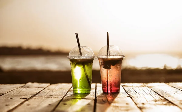 Cold Summer Cocktails Wooden Background — Stock Photo, Image