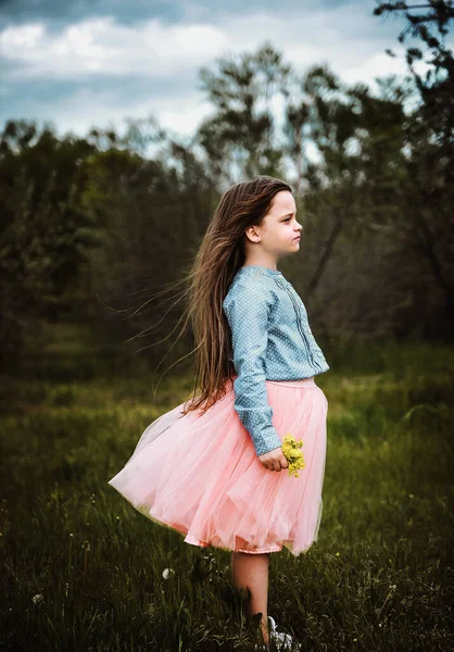 Mała Dziewczynka Pozowała Samotnie Ciemnej Łące — Zdjęcie stockowe