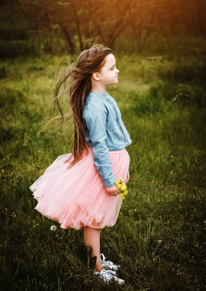 Kislány Egyedül Pózol Sötét Mezőn — Stock Fotó