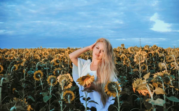 Mulher Bonita Prado Com Girassóis — Fotografia de Stock