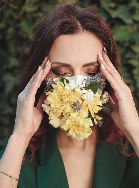 Portrait Beautiful Woman Protective Mask Flowers — Stock Photo, Image