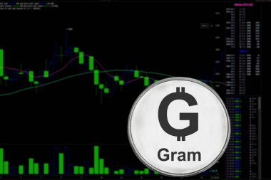 Telgraf mali bir grafik arka plan üzerinde gümüş sikke gram. Cryptocurrency ton.