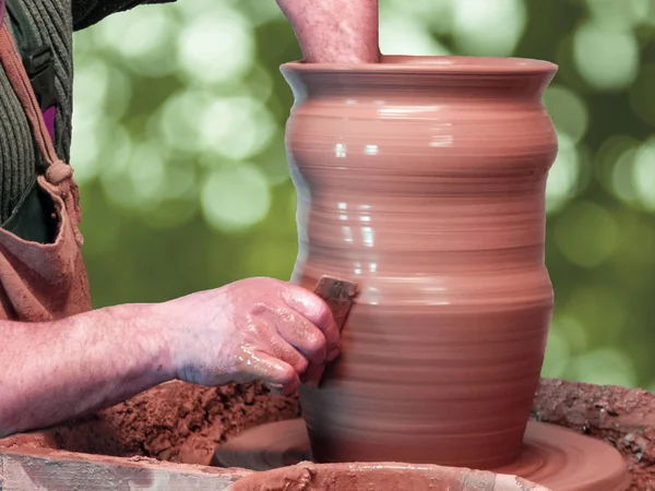 Hands Potter Make Big Vase Pottery Wheel Green Background — Stock Photo, Image