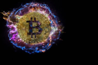 Bitcoin altın sikke patlar ve siyah uzaya uçar.