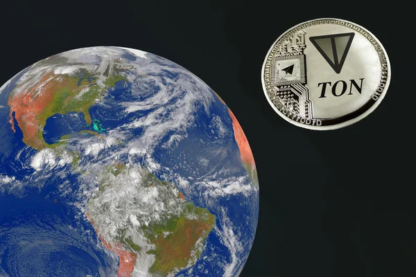 Stříbrná mince ton pluje v prostoru na zemi. — Stock fotografie