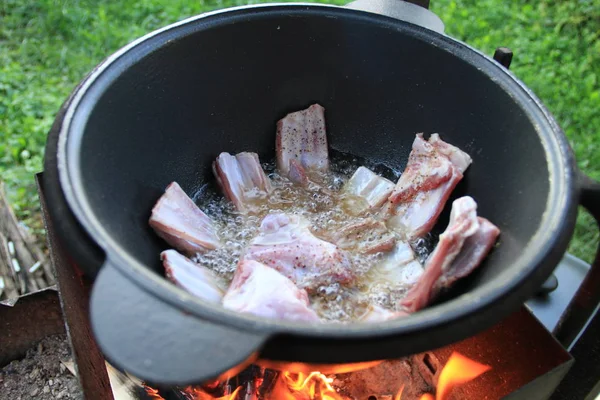 불에 요리 한 접시에 향신료와 고기 — 스톡 사진