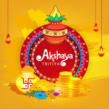 Abstract Sale Banner Or sale Poster For Festival Of Akshaya Tritiya Celebration Background composed of festival elements like goddess laxmi, golden pot , coins and stylish text . clipart