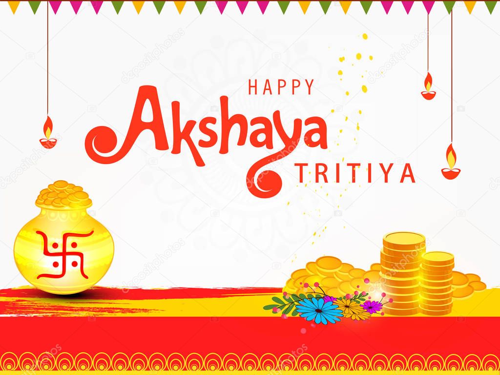 Abstract Sale Banner Or sale Poster For Festival Of Akshaya Tritiya Celebration Background composed of festival elements like goddess laxmi, golden pot , coins and stylish text .