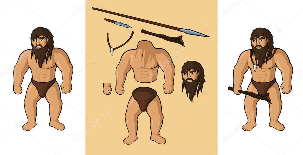 Set of vector cartoon ancient caveman body parts and his equipment
