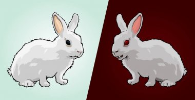 Vector isolated white good rabbit and evil rabbit with sharp teeth