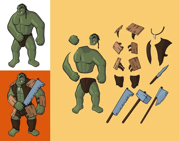 一组兽人 V1强的兽族和设备 矢量卡通兽体零件用盔甲和武器 — 图库矢量图片
