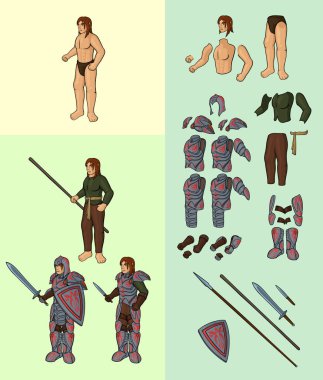 Yarım elfler v1 kümesi. Karakteri ile tam plaka zırh: vektör yarım elf vücut parçaları epik ekipman ile karikatür