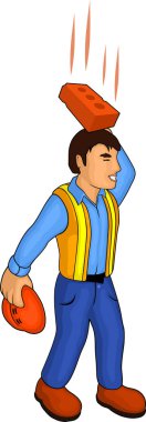 İzole karikatür işçi ve beyaz arka plan üzerinde kafasına düşen tuğla