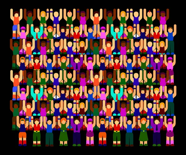 Illustration Many People Crowd Rise Hands Black Background — Stock Vector