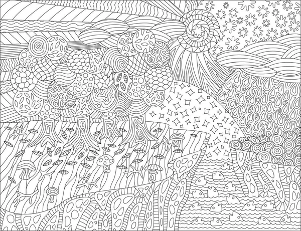 Black and white picture for coloring book with beautiful landscape and seasons