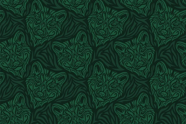 Handgezeichnetes grünes nahtloses Muster mit Wolfskopf — Stockvektor