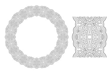 Beyaz arkaplanda izole edilmiş boya fırçası ile soyut çember desenli boyama kitabı sayfası için güzel monokrom doğrusal illüstrasyon