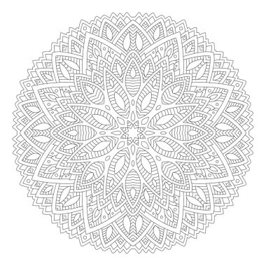 Beyaz arkaplanda izole yuvarlak soyut desenli yetişkin boyama kitabı sayfası için güzel monokrom doğrusal çizim