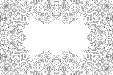 Klasik dikdörtgen kenarı ve beyaz kopya alanı olan yetişkin boyama kitabı için güzel monokrom doğrusal illüstrasyon