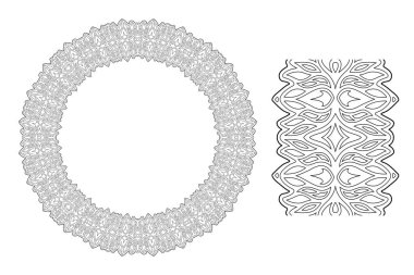 Soyut çember desenli boyama kitabı sayfası için güzel monokrom doğrusal illüstrasyon ve beyaz arkaplanda izole edilmiş ateş alevleri olan boya fırçası