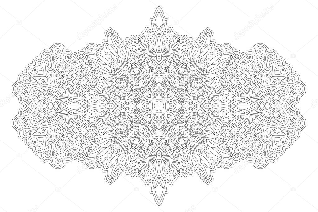 Beautiful monochrome illustration for adult coloring book page with abstract linear pattern with leaves isolated on the white background