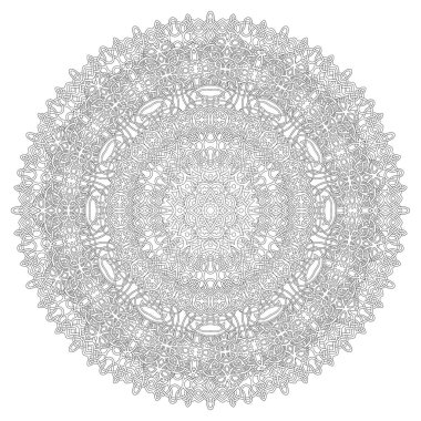 Beyaz arkaplanda soyut yuvarlak ayrıntılı deseni olan yetişkin boyama kitabı sayfası için güzel monokrom doğrusal illüstrasyon