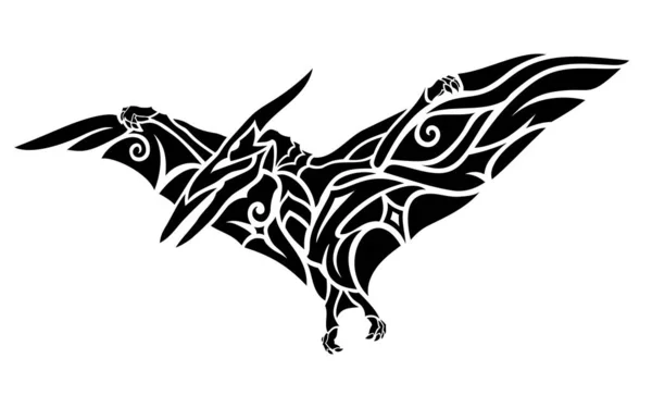 Piękny Plemienny Tatuaż Ilustracja Czarny Latający Pterodaktyl Sylwetka Izolowane Białym — Wektor stockowy