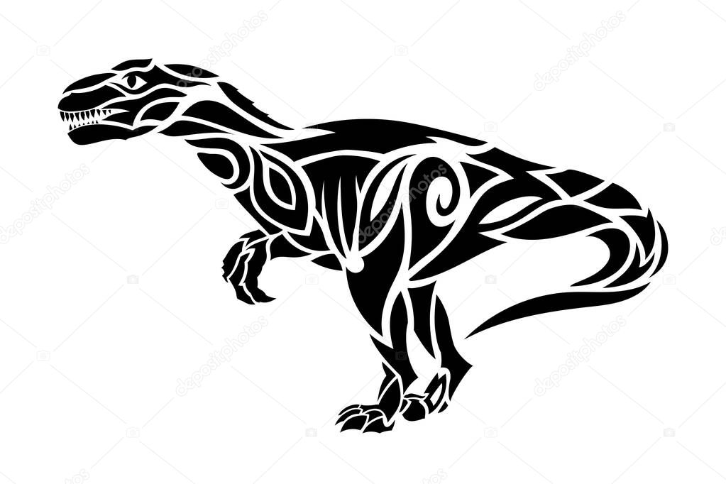 Beautiful hand drawn tribal tattoo illustration with black predatory dinosaur silhouette on the white background