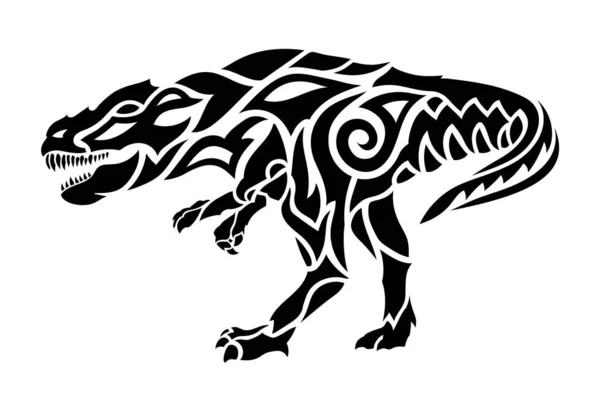 Mooie Tribal Tattoo Illustratie Met Zwarte Tyrannosaurus Silhouet Geïsoleerd Witte — Stockvector