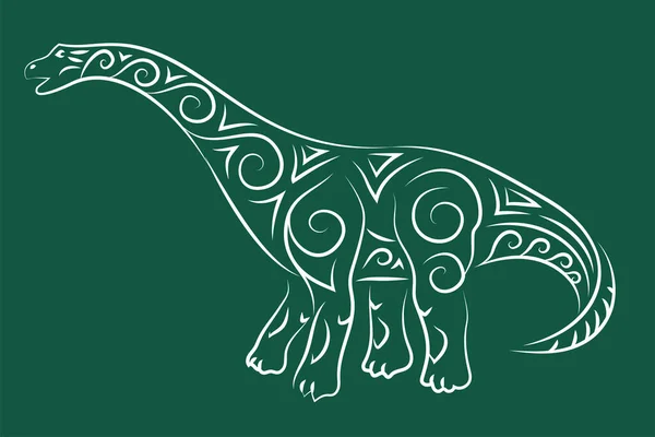 Schöne Handgezeichnete Stammesillustration Mit Weißer Dekorativer Diplodocus Silhouette Auf Grünem — Stockvektor