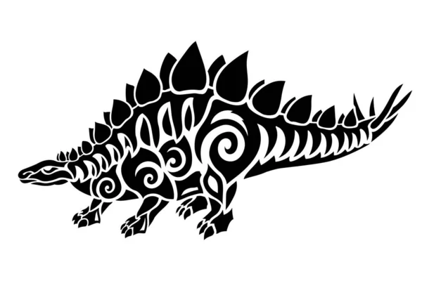 Mooie Tribal Tattoo Illustratie Met Gestileerde Zwarte Stegosaurus Silhouet Witte — Stockvector