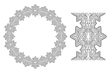 Çiçekli daire deseni ve beyaz arkaplanda izole edilmiş boya fırçası ile renklendirme kitabı sayfası için güzel monokrom doğrusal çizim