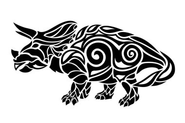 Siyah triceratops stilize silueti beyaz arka planda izole güzel kabile dövmesi çizimi