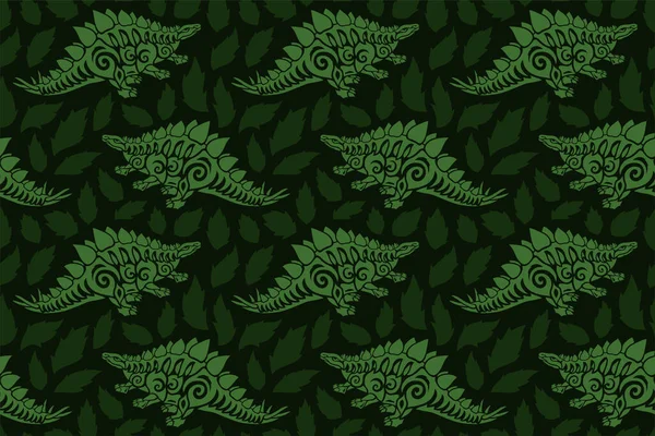 Красивый Зеленый Бесшовный Рисунок Племенными Силуэтами Стегозавра Листьями Тёмном Фоне — стоковый вектор